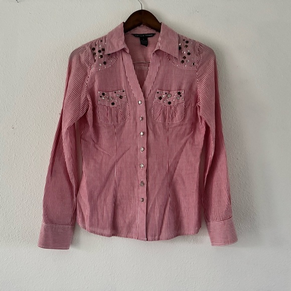 Cotton Button Poplin Collared Top Jewel Stud Gem Mixed Embellish Roll Tab Small - Picture 13 of 13